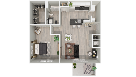 A top-down view of a modern apartment layout with a kitchen, living room, and bathroom.